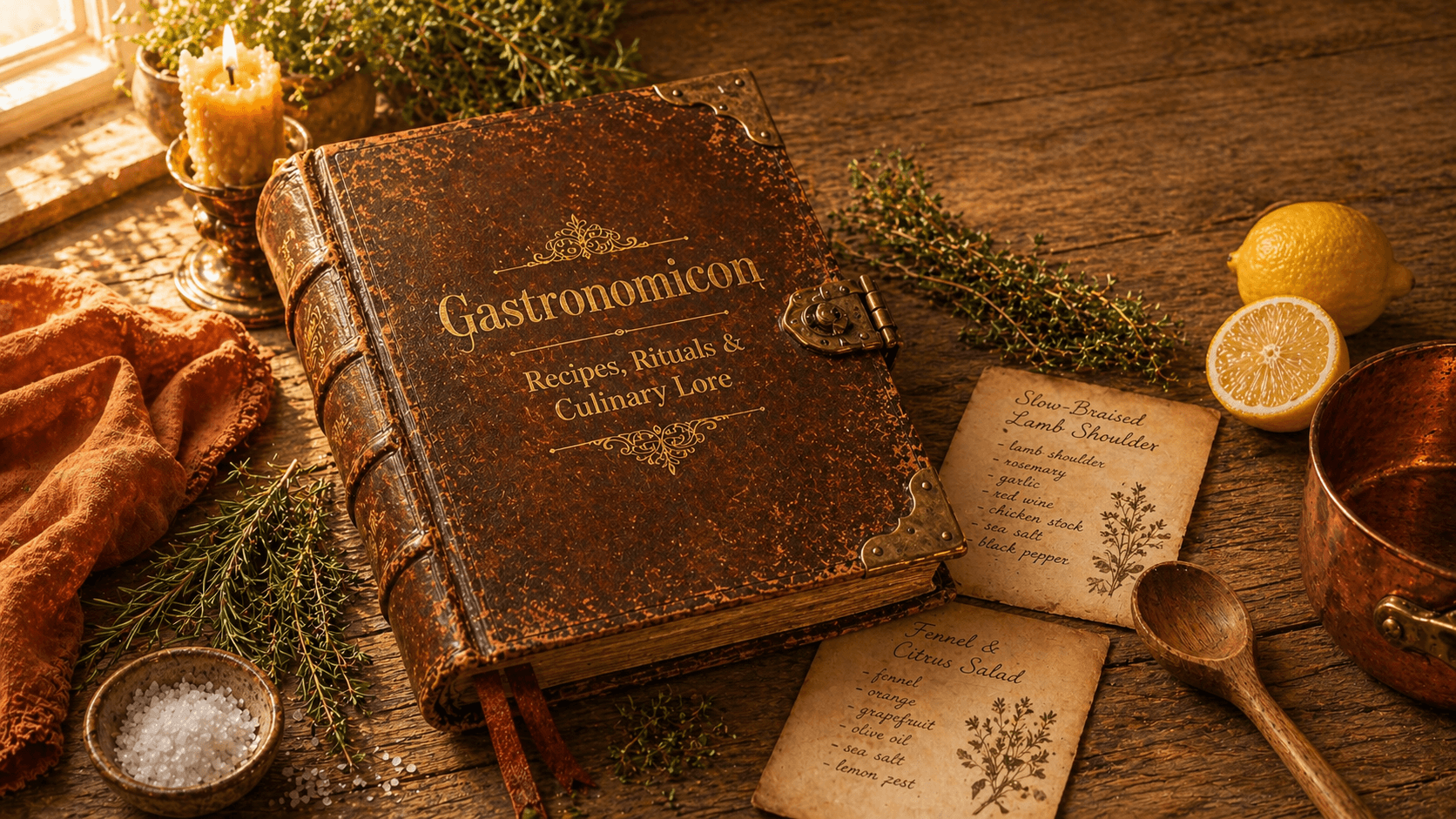 The Gastronomicon — an aged leather cookbook surrounded by herbs, copper pans and handwritten recipe cards
